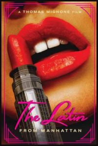 Movie poster showing close-up of red lipstick being applied to a red lip-sticked slightly opened mouth